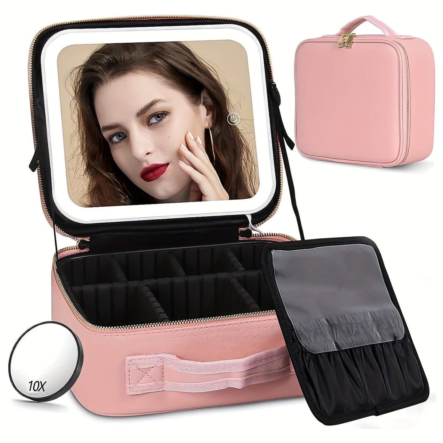 LED Light Travel Cosmetic Bag with Mirror Large Capacity Skin Care Storage Bag
