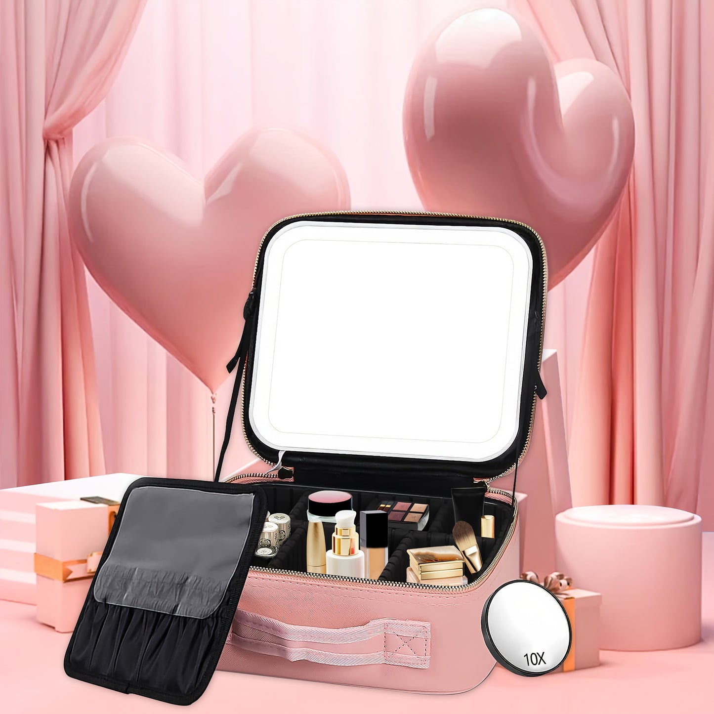LED Light Travel Cosmetic Bag with Mirror Large Capacity Skin Care Storage Bag