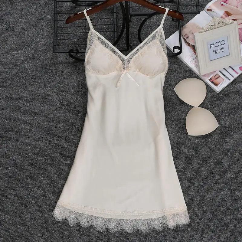 Women’s Faux Silk Nightgown – Sleeveless V-Neck Mini Dress with Lace Trim