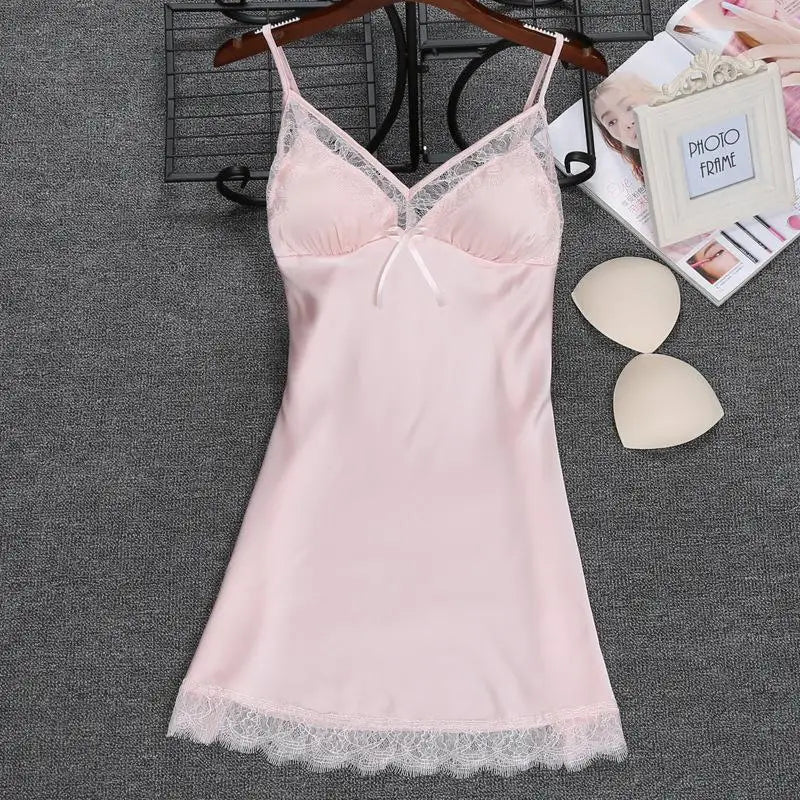 Women’s Faux Silk Nightgown – Sleeveless V-Neck Mini Dress with Lace Trim
