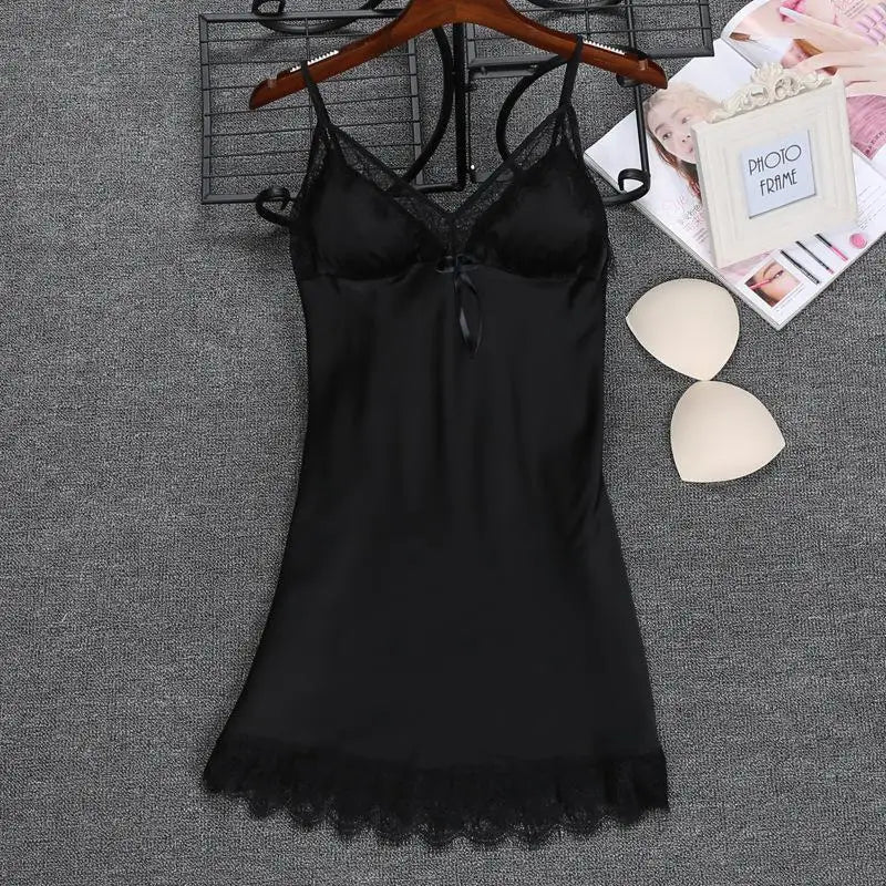 Women’s Faux Silk Nightgown – Sleeveless V-Neck Mini Dress with Lace Trim