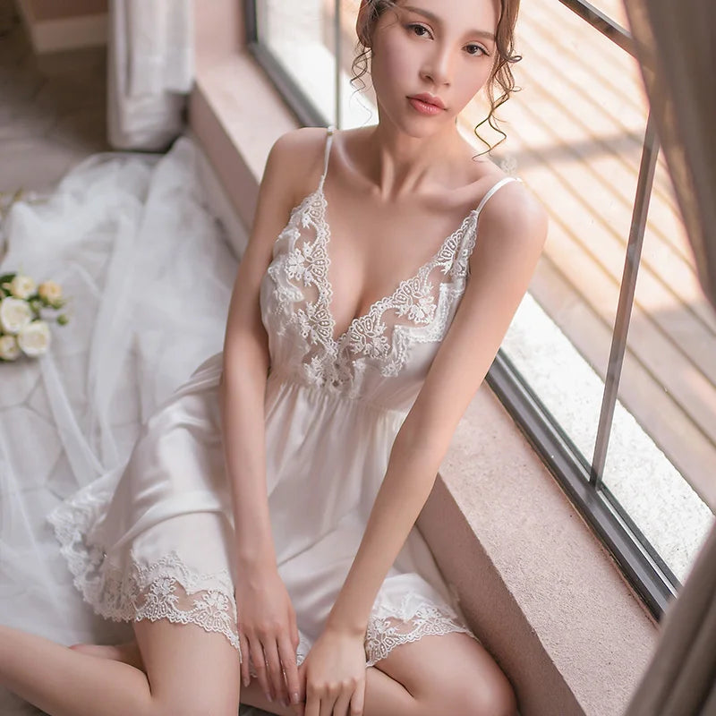 Luxury Embroidered Nightgown – Sleeveless V-Neck Mini Dress in Solid Colors (MS65)