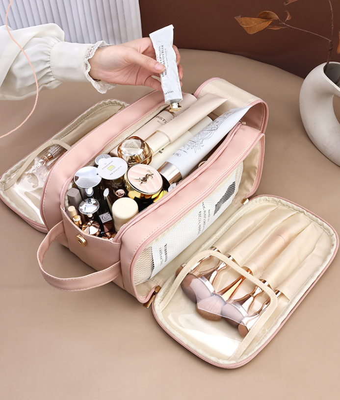Portable Multi-functional High-value Three-layer Large-capacity Cosmetic Bag Travel Double Zipper Storage Bag U-shaped
