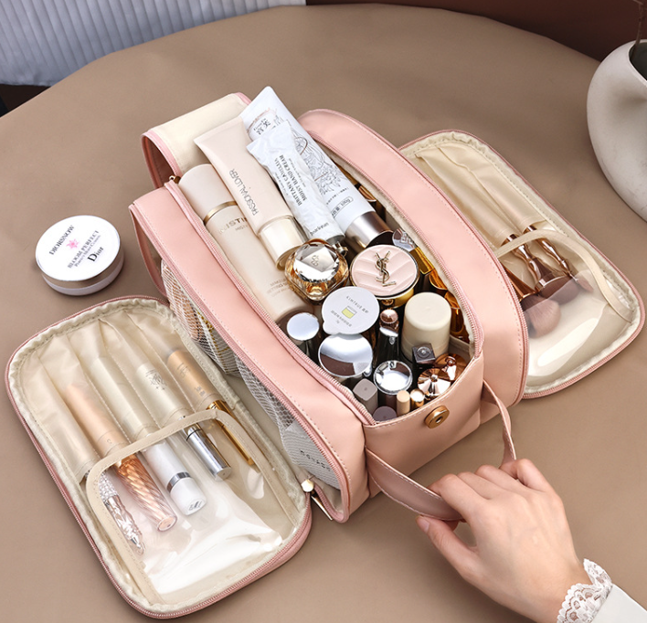 Portable Multi-functional High-value Three-layer Large-capacity Cosmetic Bag Travel Double Zipper Storage Bag U-shaped