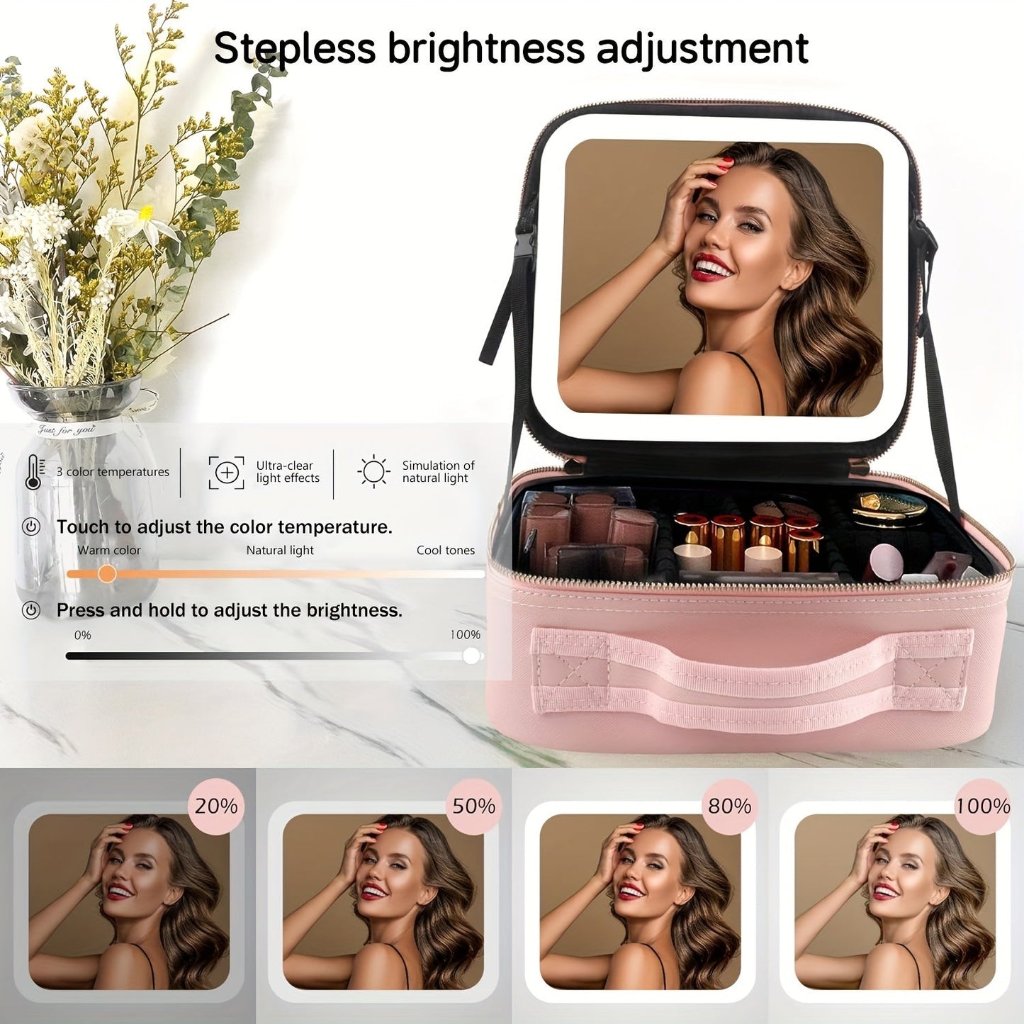 LED Light Travel Cosmetic Bag with Mirror Large Capacity Skin Care Storage Bag