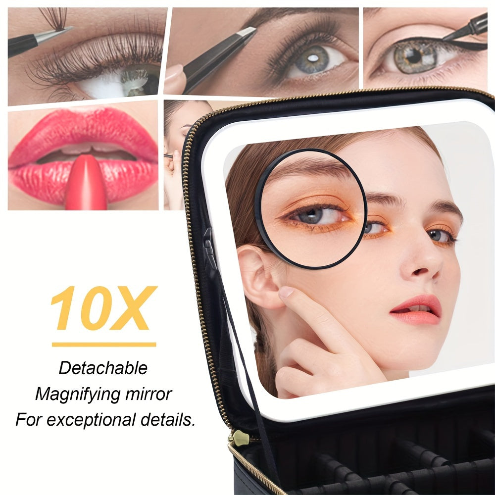 LED Lighted Travel Makeup Train Case Cosmetic Bag Organizer with Mirror and Adjustable Divider Brush Board