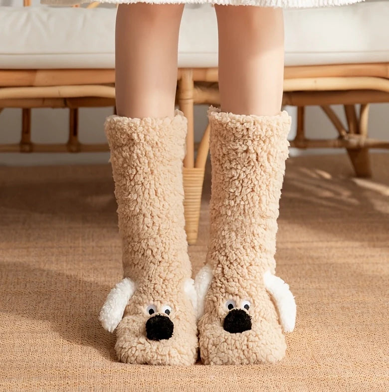 Cute Cartoon Dog Floor Socks Funny Socks Winter Warm Non-slip Plush Socks For Women
