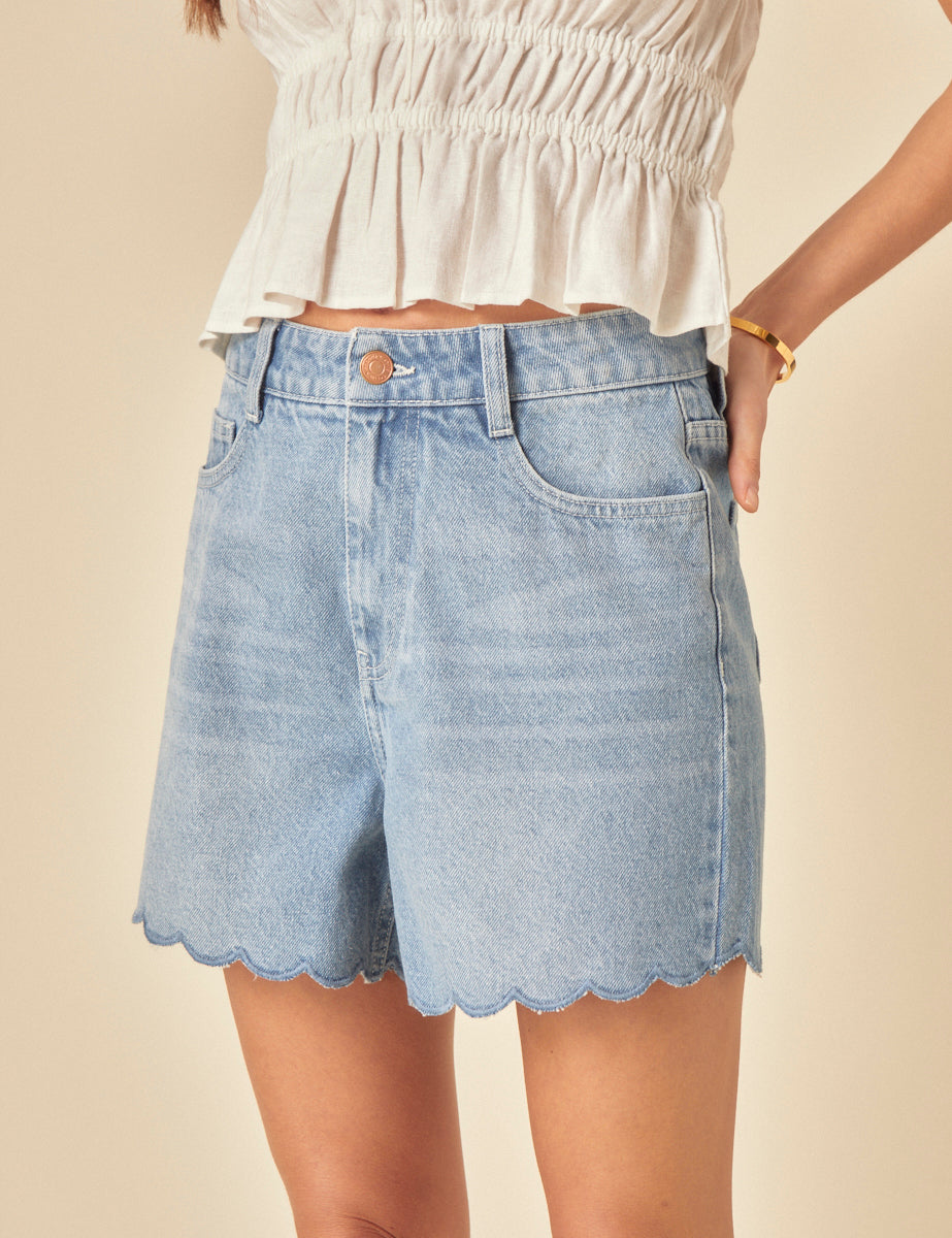 Light Blue Denim Scallop Trim Shorts