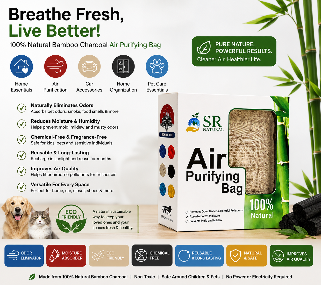 Air Purifying Bamboo Charcoal Bag (100g × 4 Pack), (200g × 4 Pack),(500g × 2 Pack)