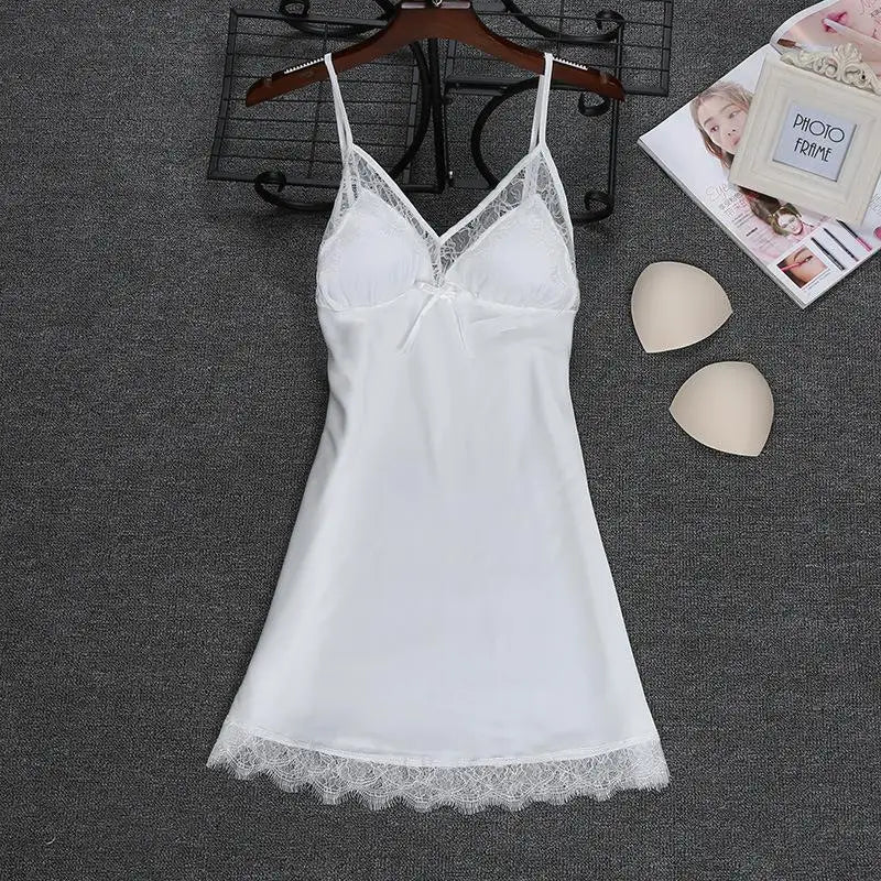 Women’s Faux Silk Nightgown – Sleeveless V-Neck Mini Dress with Lace Trim