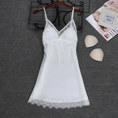 Women’s Faux Silk Nightgown – Sleeveless V-Neck Mini Dress with Lace Trim