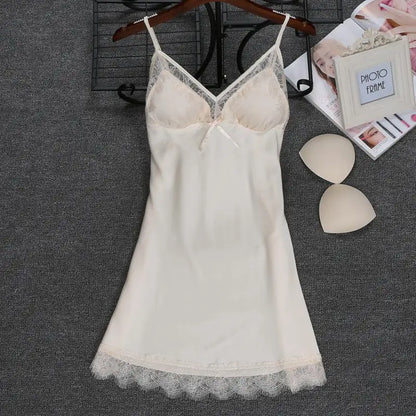Women’s Faux Silk Nightgown – Sleeveless V-Neck Mini Dress with Lace Trim