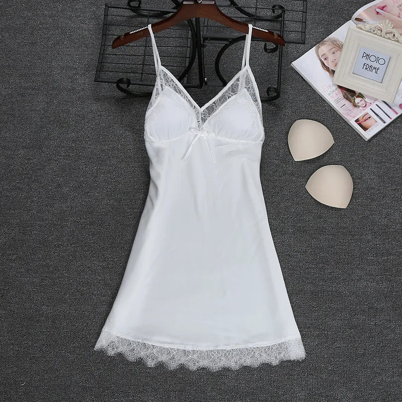 Women’s Faux Silk Nightgown – Sleeveless V-Neck Mini Dress with Lace Trim