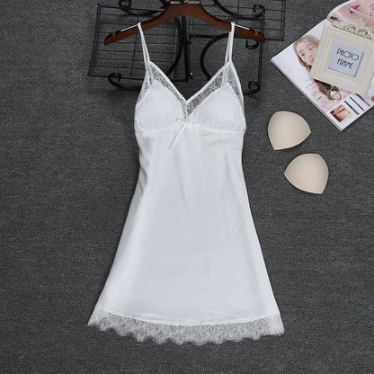 Women’s Faux Silk Nightgown – Sleeveless V-Neck Mini Dress with Lace Trim