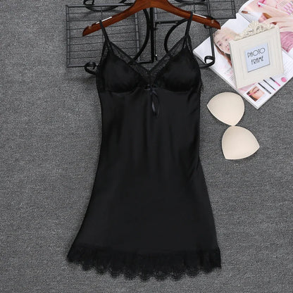 Women’s Faux Silk Nightgown – Sleeveless V-Neck Mini Dress with Lace Trim