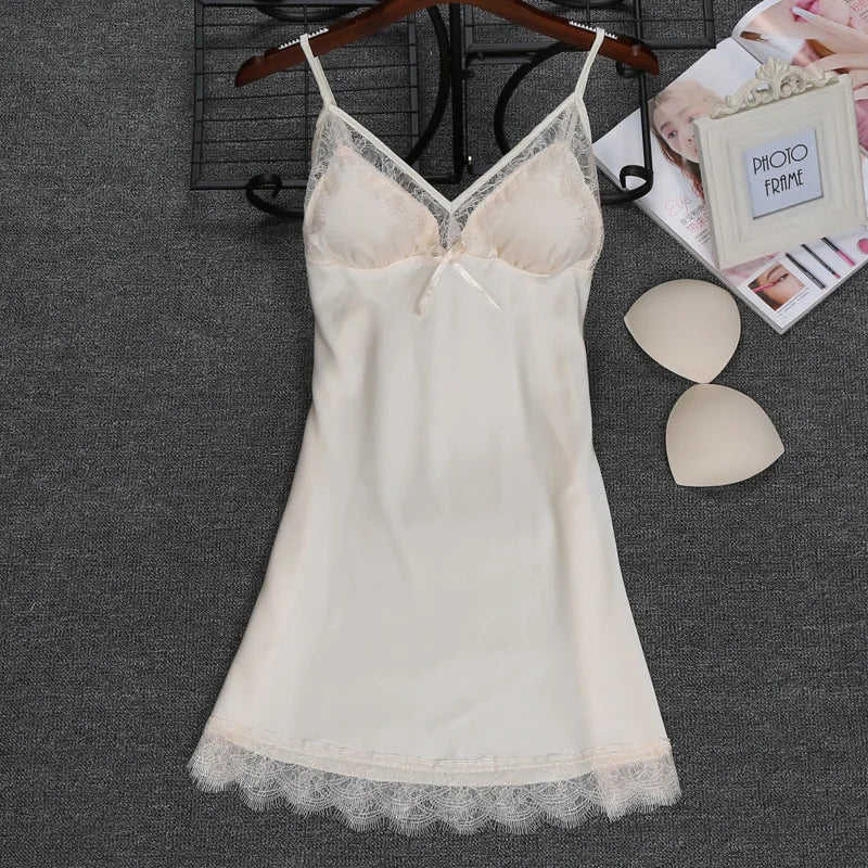 Women’s Faux Silk Nightgown – Sleeveless V-Neck Mini Dress with Lace Trim