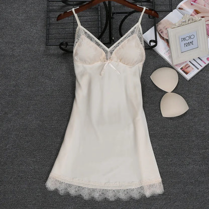 Women’s Faux Silk Nightgown – Sleeveless V-Neck Mini Dress with Lace Trim