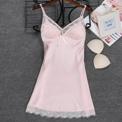 Women’s Faux Silk Nightgown – Sleeveless V-Neck Mini Dress with Lace Trim