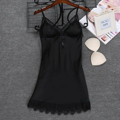 Women’s Faux Silk Nightgown – Sleeveless V-Neck Mini Dress with Lace Trim