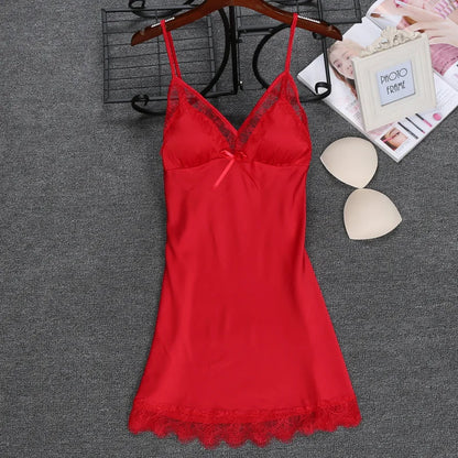 Women’s Faux Silk Nightgown – Sleeveless V-Neck Mini Dress with Lace Trim