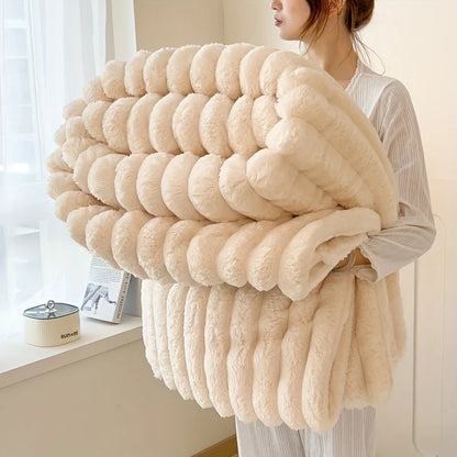 Snuggle Up in Softness: Coral Fleece Bunny Plush Blanket