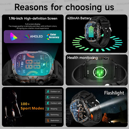 2025 For Xiaomi Outdoor Sports Smart Watch GPS trackr 5ATM Flashlight 1.96" HD Display Screen Bluetooth call Men Fitness Watches