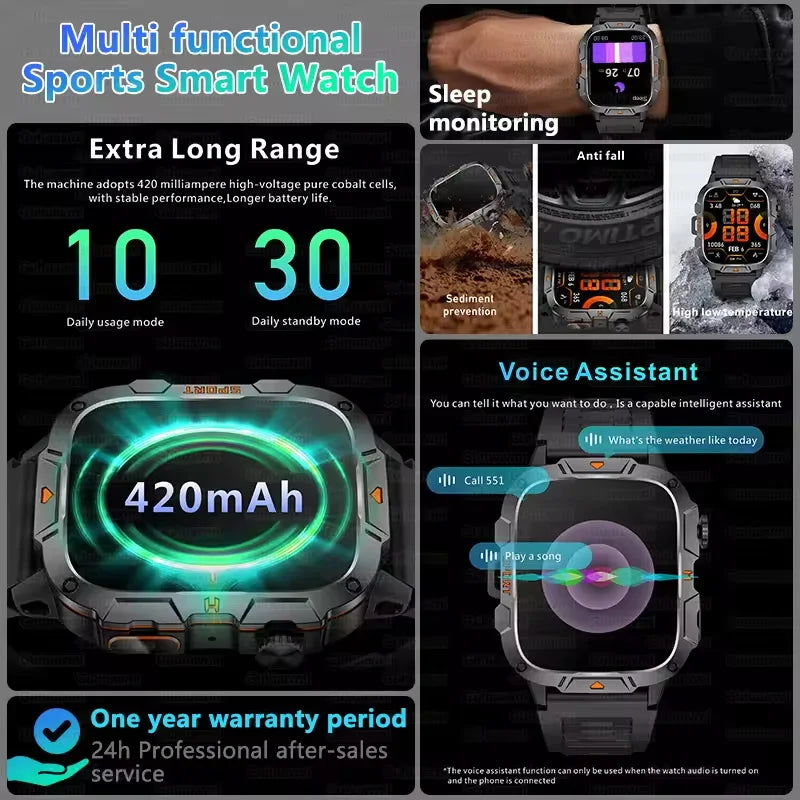 2025 For Xiaomi Outdoor Sports Smart Watch GPS trackr 5ATM Flashlight 1.96" HD Display Screen Bluetooth call Men Fitness Watches