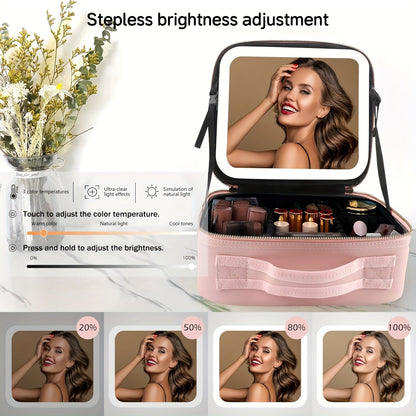 LED Light Travel Cosmetic Bag with Mirror Large Capacity Skin Care Storage Bag