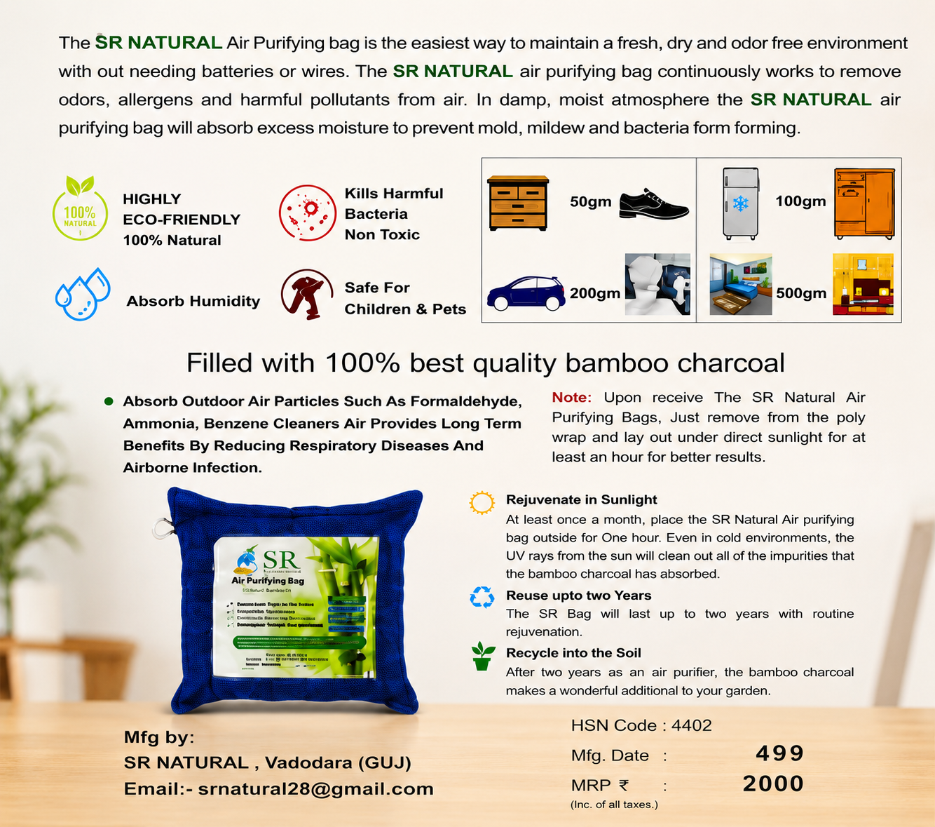 Air Purifying Bamboo Charcoal Bag (100g × 4 Pack), (200g × 4 Pack),(500g × 2 Pack)