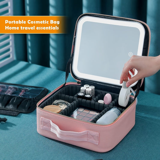 LED Light Travel Cosmetic Bag with Mirror Large Capacity Skin Care Storage Bag