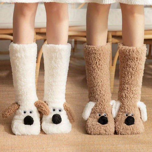 Cute Cartoon Dog Floor Socks Funny Socks Winter Warm Non-slip Plush Socks For Women